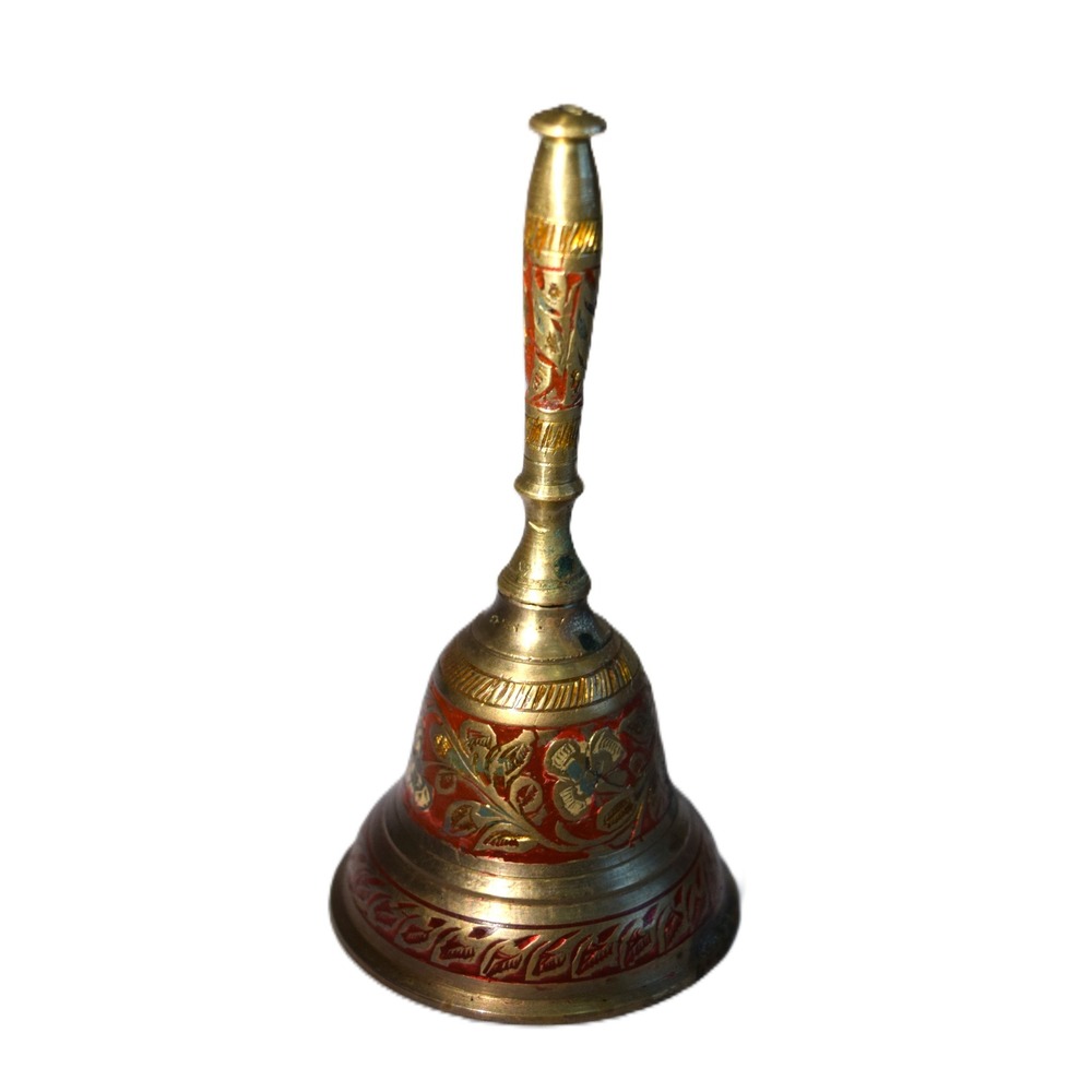 Vintage Hand Bell Unisex 5in Gold Vintage Brass Etched Floral Red Enamel